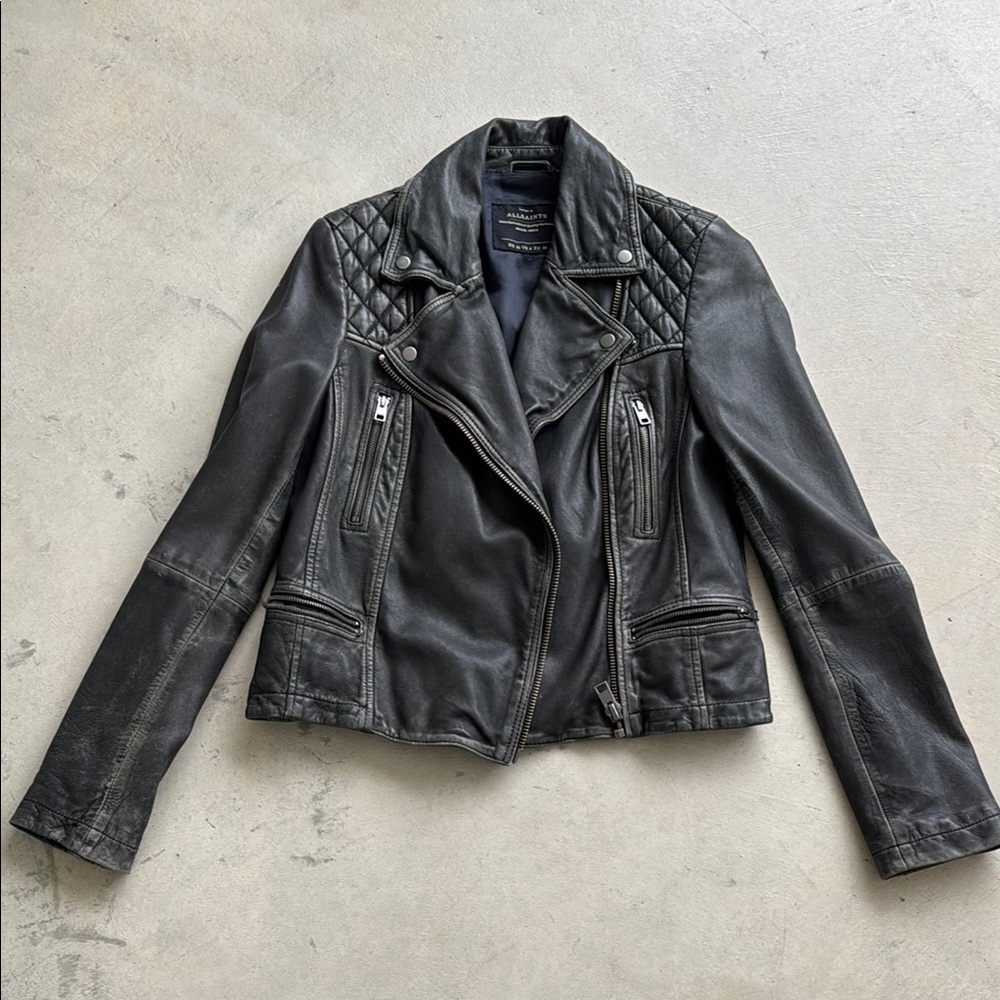 All Saints Black Leather Motorcycle Jacket with Quilted Shoulders